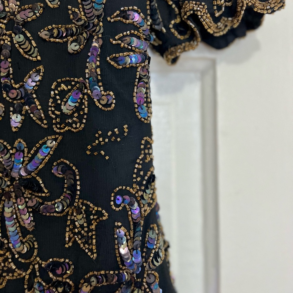 Vintage Silk Papell Boutique Beaded Sequin Evening Top S Black Gold Iridescent - Picture 5 of 8